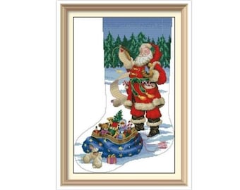Kerstsok Kruissteekpatroon Digitale pdf-download Zijn lijst aan het controleren Kous