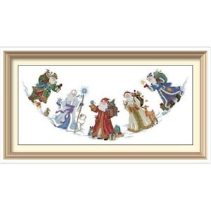 May include: Framed cross-stitch artwork featuring multiple Santa Claus figures in various outfits. The Santas are depicted in a snowy landscape, carrying gifts and accompanied by animals. The color palette includes red, green, white, and gold.