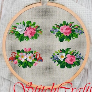 Vintage kruissteekpatroon met minibloemen: 19e-eeuwse sampler (pdf-patroon)