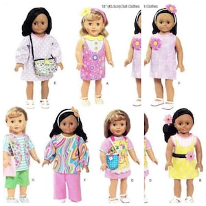 May include: A selection of 45.5cm doll clothes. The dolls are dressed in a variety of outfits, including dresses, tops, and trousers. The outfits feature floral patterns, polka dots, and colourful designs. Some dolls have purses or bags. The image includes the text "18" (45.5cm) Doll Clothes".