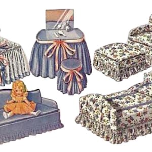 May include: A collection of vintage doll furniture, including a cradle with a baby doll, a vanity with a mirror, a sofa with a doll, a bed, and an armchair with an ottoman. The furniture is in pastel colors.