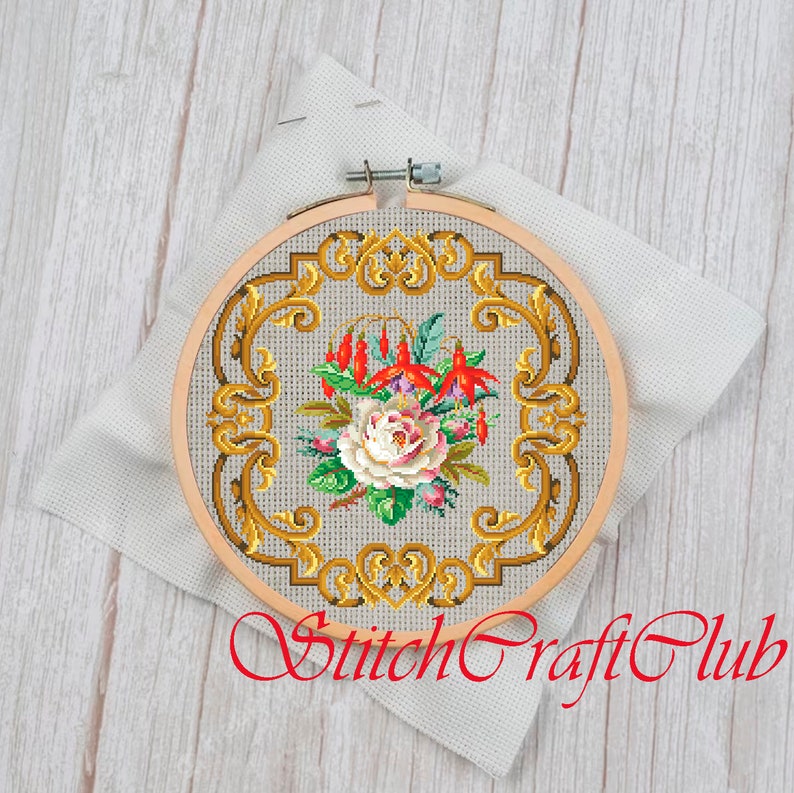 Vintage Cross Stitch Pattern PDF Counted Sampler Flowers Wreath Pattern