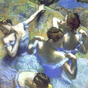 May include: Impressionistic painting of ballet dancers in blue tutus. The dancers are in various poses, some adjusting their costumes. The background features soft greens and blues, suggesting a natural setting. The artwork has a textured, painterly quality.