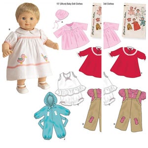 May include: A doll wearing a white dress with pink trim and duck embroidery. The image also shows patterns for doll clothes, including a pink coat, red dresses, a white top with ruffled shorts, and overalls.