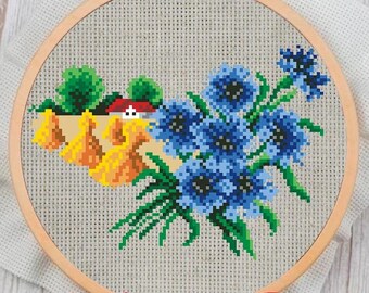 Flowers Calendar Cross Stitch Pattern: Summer August Landscape (PDF Pattern)