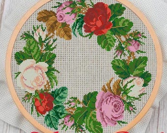 Vintage Cross Stitch Pattern PDF: Antique Floral Wreath Sampler (19th Century Reproduction)