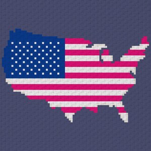 May include: A pixelated map of the United States in the shape of the American flag. The blue section features white stars, while the rest has red and white stripes. The background is a solid dark blue.