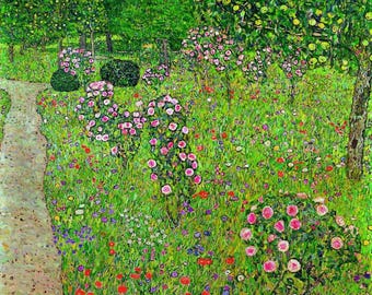 Puede incluir: Una pintura vibrante de una escena de jardín. La exuberante hierba verde y los árboles están salpicados de flores coloridas, incluidas rosas rosadas. Un camino de piedra conduce a través del jardín, y la obra de arte tiene un estilo puntillista.