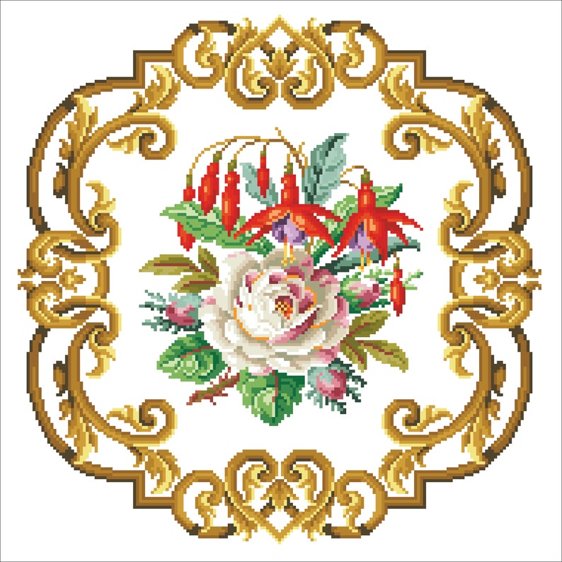 Vintage Cross Stitch Pattern PDF Counted Sampler Flowers Wreath Pattern