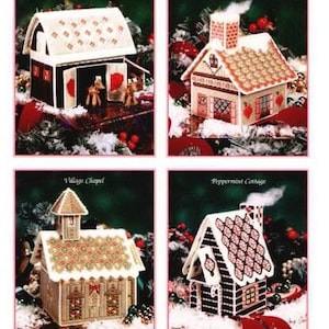 May include: Four cross-stitch Christmas house patterns, each with a different design and name: Reindeer Barn, Santa's Workshop, Village Chapel, and Peppermint Cottage.