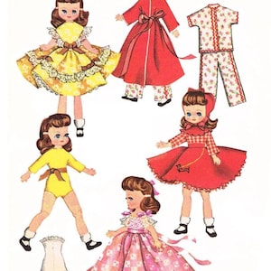 Könnte beinhalten: Vintage Papierpuppen mit verschiedenen Outfits. Die Puppen sind in einem gelben Kleid mit Spitzensaum, einem roten Bademantel, floralen Pyjamas, einem roten Karokleid, einem gelben Trikot und einem rosa gemusterten Kleid dargestellt.