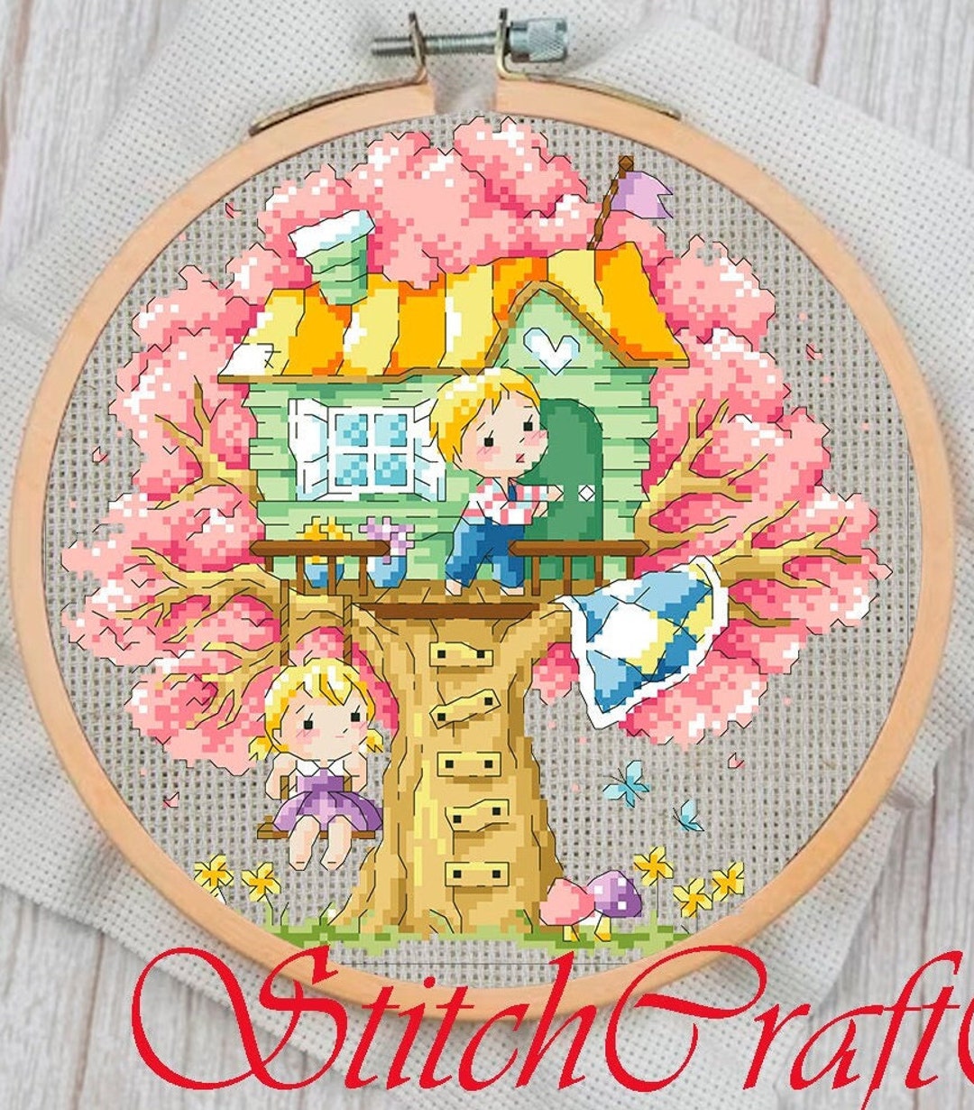Tree House Cross Stitch Pattern: Spring Season Embroidery (PDF Pattern ...
