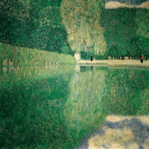 May include: An impressionistic painting of a garden scene with a reflective pond. The artwork features lush green foliage, a stone structure, and figures along a pathway. The water reflects the trees and sky.