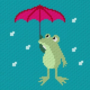 May include: A pixelated illustration of a frog holding a pink umbrella in the rain. The frog is light green with a lighter green belly and is set against a teal background with white raindrops.