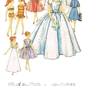 May include: A vintage illustration of paper dolls in various outfits. The central doll is wearing a white wedding dress with a veil and holding a bouquet. Other dolls are dressed in swimwear, a red dress, and a blue dress. Additional outfit designs are shown at the bottom.