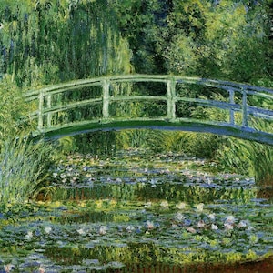 May include: Impressionist painting of a green arched bridge over a pond filled with lily pads. The bridge is painted in shades of green and blue, with lush green foliage in the background. The water reflects the bridge and surrounding greenery.