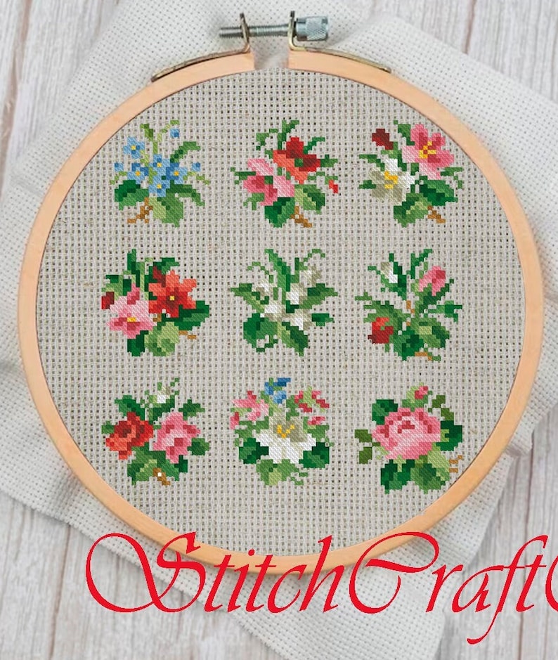 Vintage Cross Stitch Pattern PDF Counted Sampler Mini Flowers Pattern