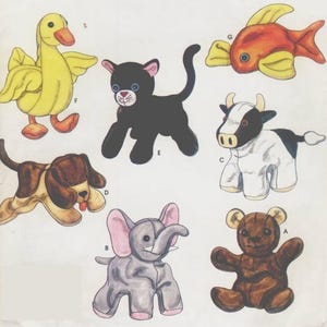 May include: A collection of handmade stuffed animal toys, including a yellow duck, black cat, orange fish, cow, brown dog, gray elephant, and brown bear. Each toy has unique features and is made of soft fabric.