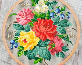 Vintage bloemenkruissteekpatroon: 19e-eeuwse sampler (pdf-patroon)