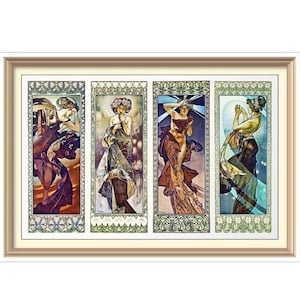 Puede incluir: Una impresión artística enmarcada con cuatro paneles de estilo Art Nouveau. Cada panel representa a una mujer con túnicas fluidas, con una paleta de colores de marrones, azules y verdes. El marco es de color beige claro.