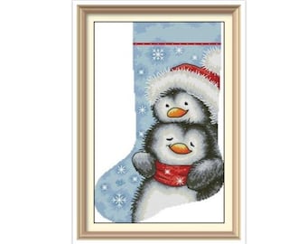 Christmas Stocking  Cross Stitch Pattern Digital Download PDF Hugging Penguins Stocking