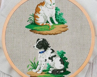 Vintage Cross Stitch Pattern PDF: Puppy, Kitten & Flowers Sampler (19th Century Reproduction)