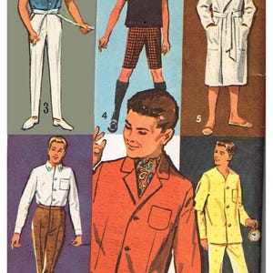May include: Vintage fashion illustration featuring six different outfits. Includes a blue shirt with white pants, a black shirt with plaid shorts, a white robe, a white shirt with brown pants, an orange blazer, and yellow pajamas.