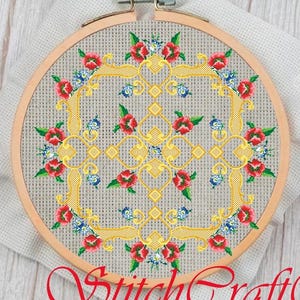 Vintage Cross Stitch Pattern PDF - Counted Sampler Flowers Pattern - Embroidery Flowers - Antique Reproduction 19 Century