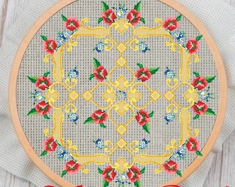 Vintage bloemenkruissteekpatroon: 19e-eeuwse sampler (pdf-patroon)