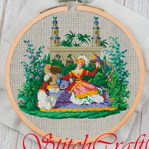 Eastern Castle Cross Stitch Pattern: Antique Sampler, Embroidery Flowers (PDF Pattern)