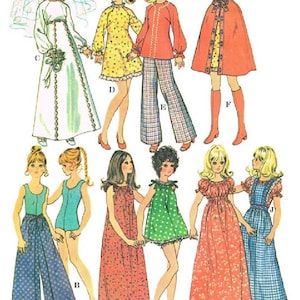 May include: Illustration of vintage paper dolls wearing various outfits. The dolls are dressed in a wedding gown, dresses, pantsuits, and a hooded cape. The color palette includes white, yellow, orange, green, and blue.