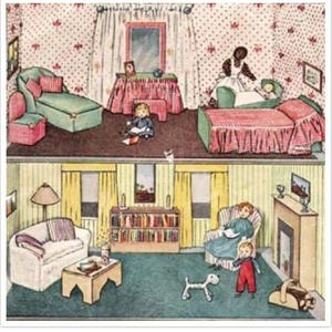 May include: A vintage illustration of a two-storey house interior. The top floor depicts a bedroom with a child in bed and another reading. The bottom floor shows a living room with a sofa, fireplace, and a child with a dog.