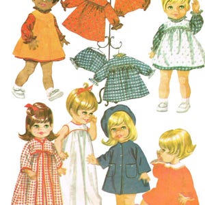 May include: Vintage paper dolls with various outfits. The dolls are depicted in dresses and coats, with accessories. The outfits include floral prints, gingham patterns, and solid colors. The dolls have blonde and dark hair.