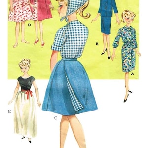 May include: Vintage fashion illustration featuring five different outfits. The outfits include a floral dress, a pink coat, a blue suit, a floral dress with a belt, and a skirt and top combination. The illustration is in a retro style with a yellow background.
