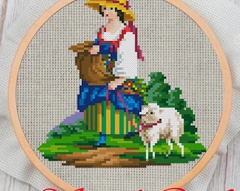 Vintage Cross Stitch Pattern PDF - Counted Sampler People - Embroidery Flowers - Antique Reproduction 19 Century
