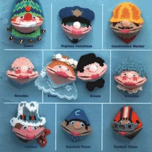 May include: A collection of 10 plastic canvas crafts featuring different characters, including a clown, highway patrolman, construction worker, grandpa, bride, groom, grandma, cowboy, baseball player, and football player.