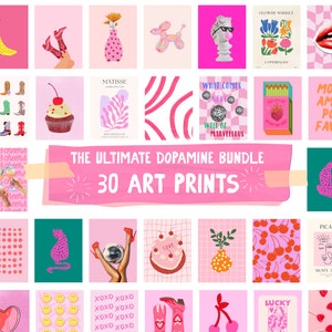 Roligt utskrivbart konstpaket, 30 KONSTTRYCK, tonårsflickrumsdekor, dopamintryck, rosa preppy rumsdekor, paket digital konst (digital nedladdning)