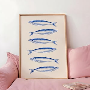 Minimal Sardines Art Print, Seafood Kitchen Wall Art, Modern Fish Poster, Minimalist Decor (Digital Download)