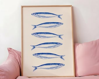 Minimal Sardines Art Print, Seafood Kitchen Wall Art, Modern Fish Poster, Minimalist Decor (Digital Download)