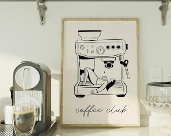 Coffee Club Art Print, Fun Coffee Print, Coffee Wall Art, Coffee Corner Decor, Aesthetic Kitchen Decor, Espresso Wall Art, Digital Print
