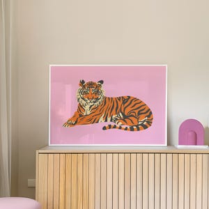 Bengal Tiger Art Print, Pink Wall Art, Preppy Room Decor (Digital Download) image 1