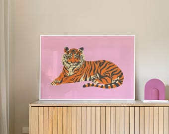 Bengal Tiger Art Print, Pink Wall Art, Preppy Room Decor (Digital Download)