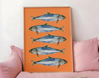 Lámina artística de sardinas naranjas, póster de peces coloridos, decoración para la pared de la cocina, lámina de peces original (descarga digital).