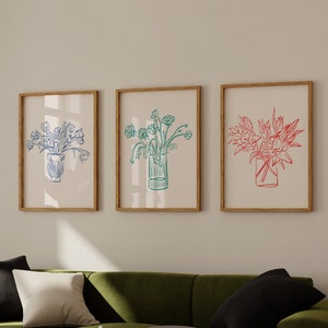 Arte de pared con jarrones de flores de líneas finas, juego de 3 impresiones, impresión de arte mural Les Fleurs, arte floral minimalista, impresiones botánicas neutras, decoración cottagecore