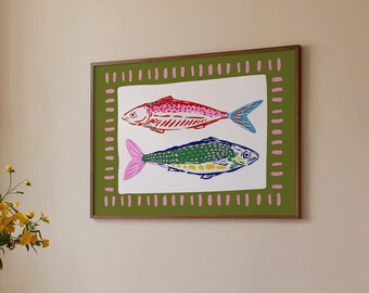 Colorful Fish Art Print, Seafood Wall Decor, Sardines Print, Dopamine Decor, Fun Eclectic Wall Art, Whimsical Art (Digital Download)