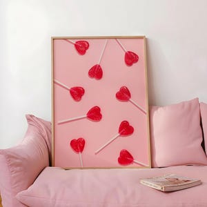 Heart Lollipop Print, Pink Preppy Wall Art, Heart Lollipop Poster, Dopamine Print, Girls Room Decor, Pink Candy Wall Art image 1