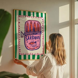 Färgglad sardintavla, väggkonst med skaldjur i köket (digital nedladdning) bild 1