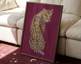 Leopard Burgundy Print, Dopamine Decor, Maximalist Poster, Funky Animal Illustration, Preppy Decor, Stylish Leopard Art (Digital Download)