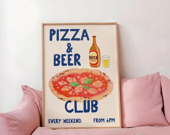 Pizza and Beer Club Art Print, Trendy Kitchen Wall Decor, Foodie Prints, Pizza Poster (Digital Download)