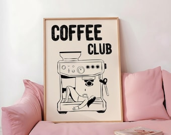 Coffee Club Art Print, Espresso Machine, Kitchen Decor (Digital Print)